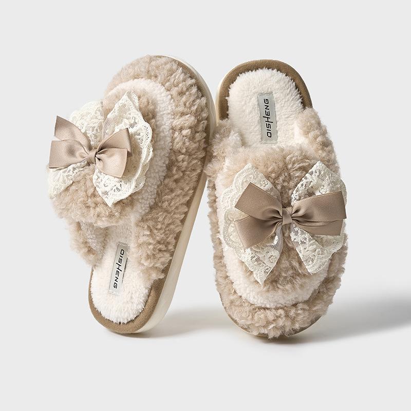 Lace bow plush slippers autumn and winter new home non-slip warm advanced sense can be worn outside thick-soled cotton slippers