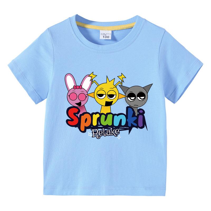 

Мультяшная футболка Sprunki для детей, хлопковые футболки Incredibox для малышек, топы с коротким рукавом, летняя одежда для мальчиков, детская одежда 150
