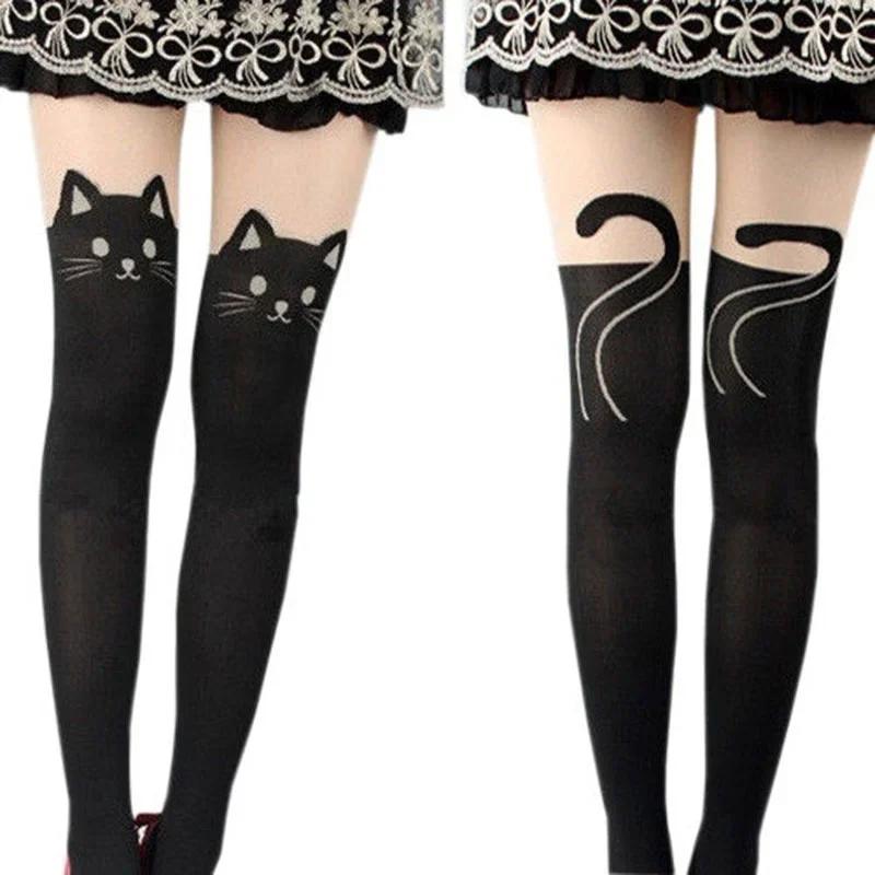 Fake Knee And Thigh Stockings, Cat Tail Splicing Design, Women'S Cartoon Cute Style Bottom Pantyhose
