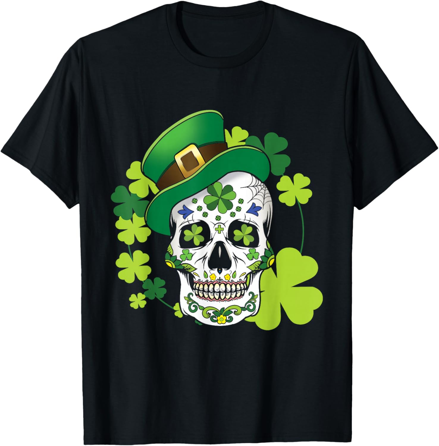 St Patricks Day Sugar Skull Leprechaun Hat Shamrock Graphic Tee Casual Cotton Short Sleeve T-Shirt 4XL