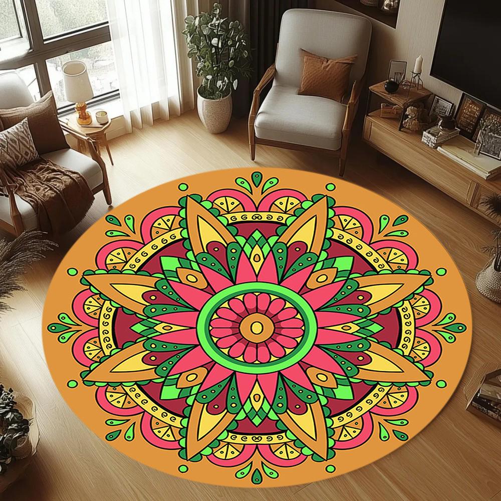 Bohemian Ethnic Style Round Rug Vibrant Floral Pattern Carpet Soft Non-Slip Circle Mat for Living Room Bedroom Kids Room