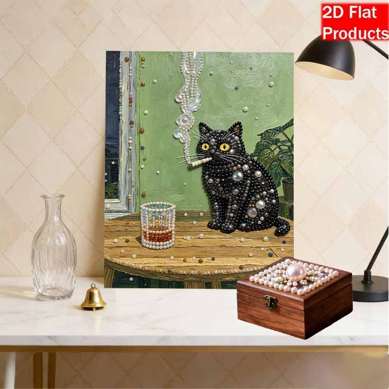 5D Pearl Painting Kit Framed with Black Cat Smoking Design Sparkling Bead Art Canvas DIY Relaxing Craft for Wall Decor Gift Home Artwork