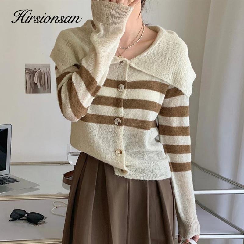 

Hirsionsan винтажный полосатый вязаный кардиган для женщин осень-зима тонкий свитер с лацканами и длинными рукавами женский однобортный трикотаж