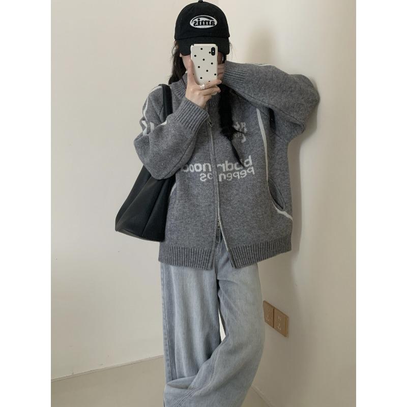 Letter Decorated Ladies Sweaters Baseball Style Loose Double Zipper Cardigan Autumn Versatile Solid Color Women's Coats