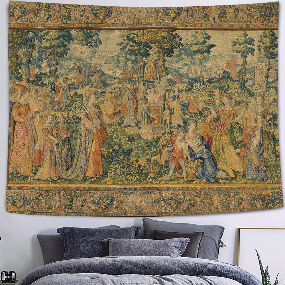 Medieval Forest Tapestry, Vintage Wall Hanging with Renaissance Style Court Scene In Lush Greenery, for Bedroom Decor
