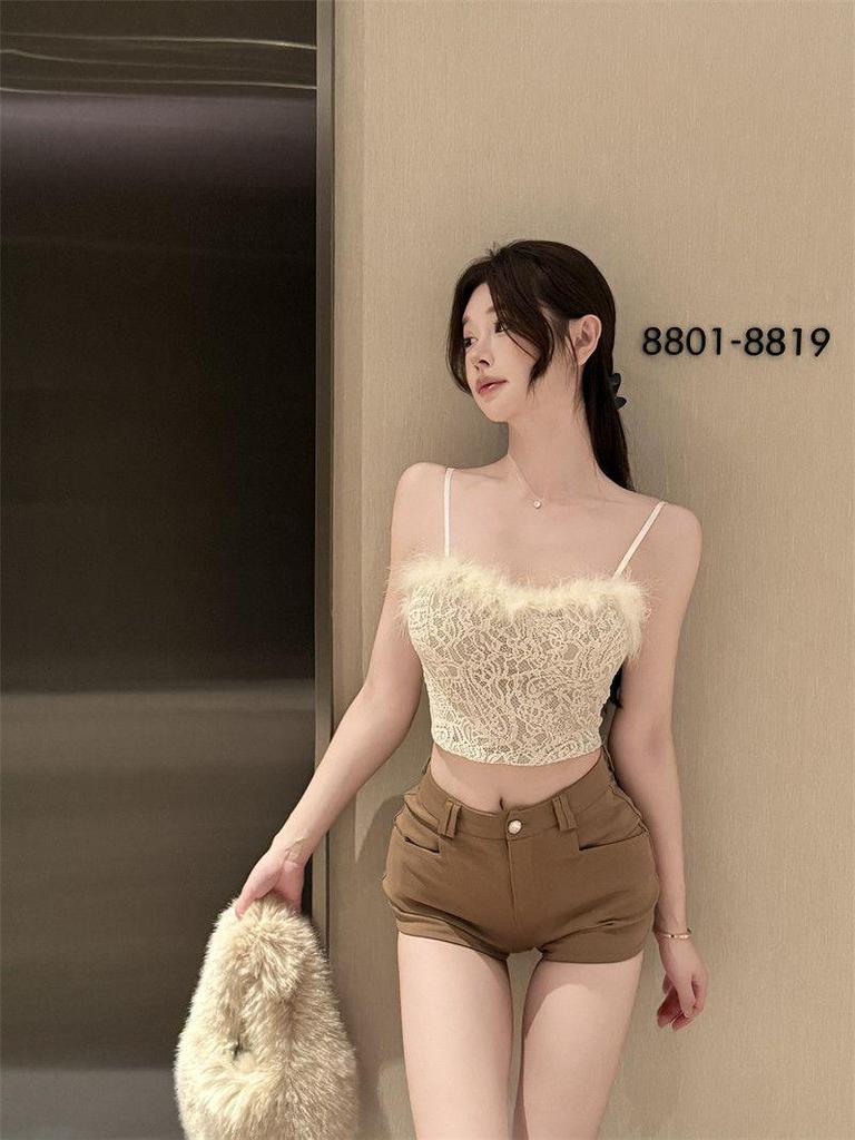 Elegant Lace Feather Strapless Camisole with Fur Lining, Women's Autumn/Winter Bandeau Tank Top