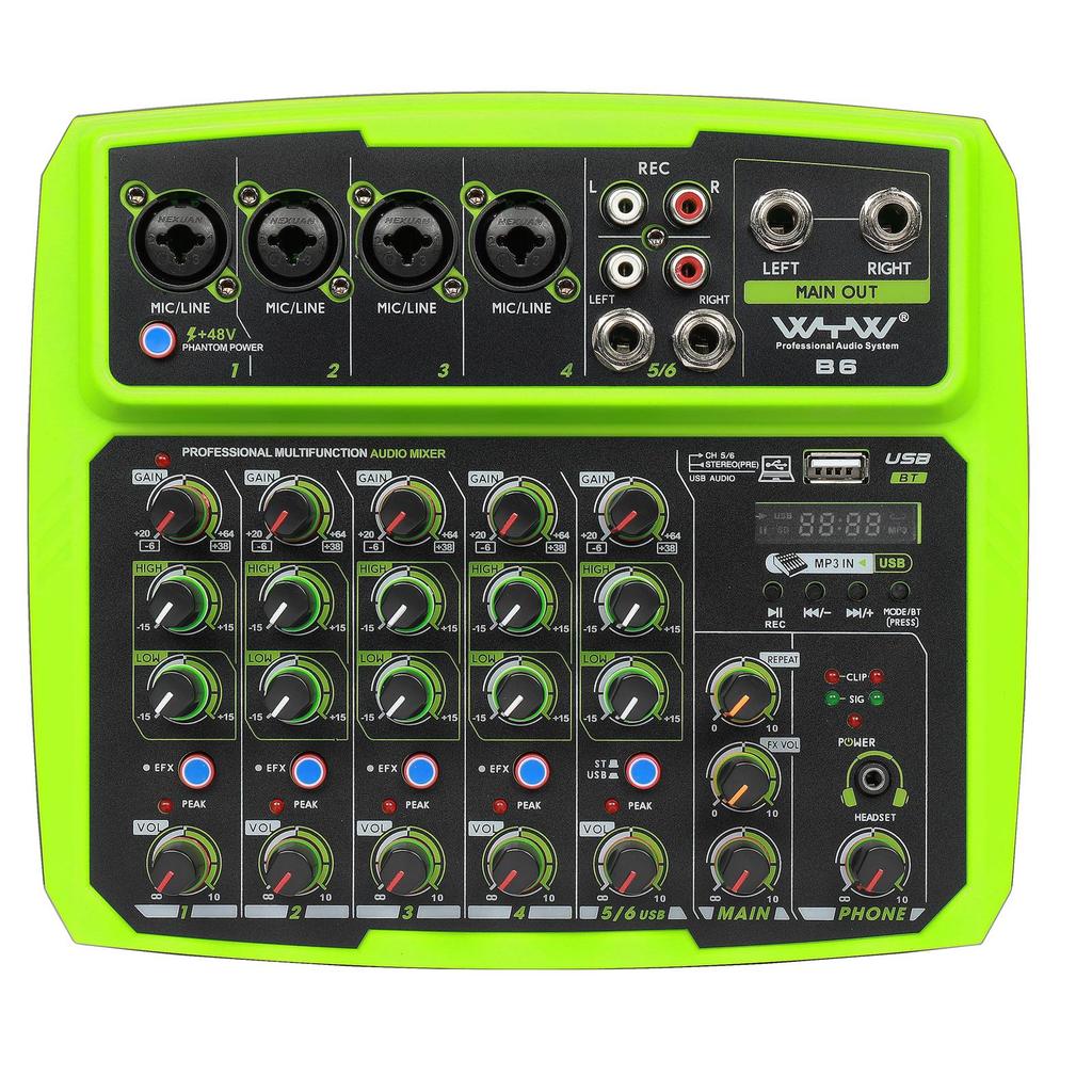 B6 Portable 6 Channels Audio Mixer USB Mixing Console Supports BT Connection with Sound Card Built in 48V Phantom Power