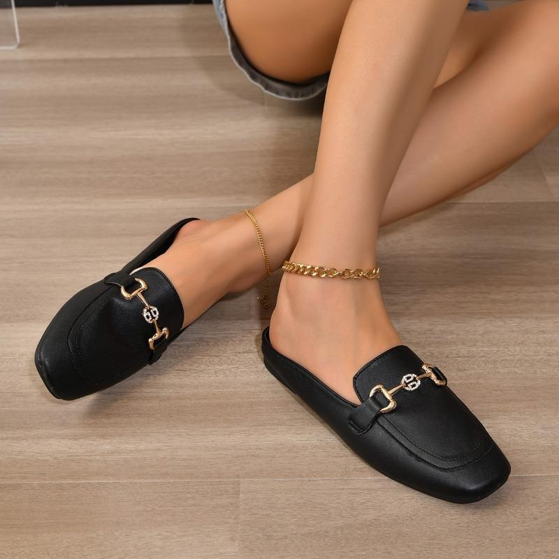 Baotou Half Slippers Women Shoe British Style Fashion Metal Buckle Decorate Med Heel Casual Slides Spring Summer Lazy Slipper
