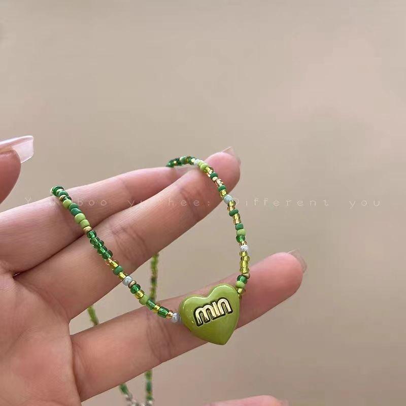 

Childlike Dopamine Ornament Color Beaded Butterfly Necklace Heart Pendant Sweater Chain Niche Design Clavicle Chain Green Heart Beaded Necklace