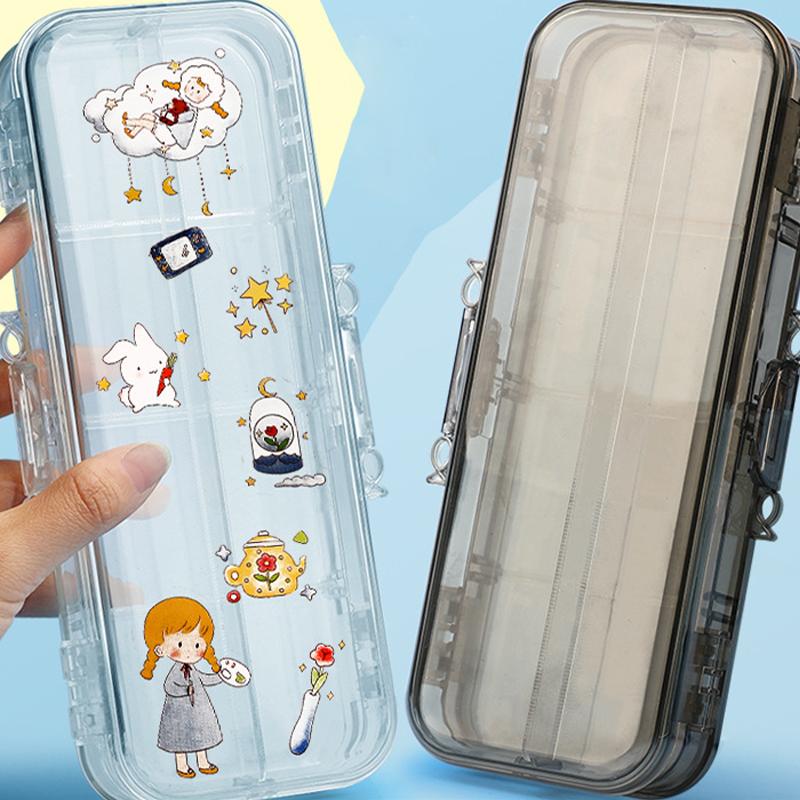 Kawaii Transparent Pencil Case Double Layer Multifunction Kids Pen Stationery Box Office School Large Capacity Storage Organizer