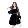 Women's Black Velvet Long Sleeve Mini Dress - Square Neck, Slimming A-line, Hepburn Style, Autumn