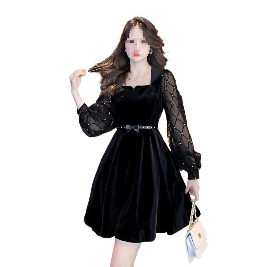 Women's Black Velvet Long Sleeve Mini Dress - Square Neck, Slimming A-line, Hepburn Style, Autumn