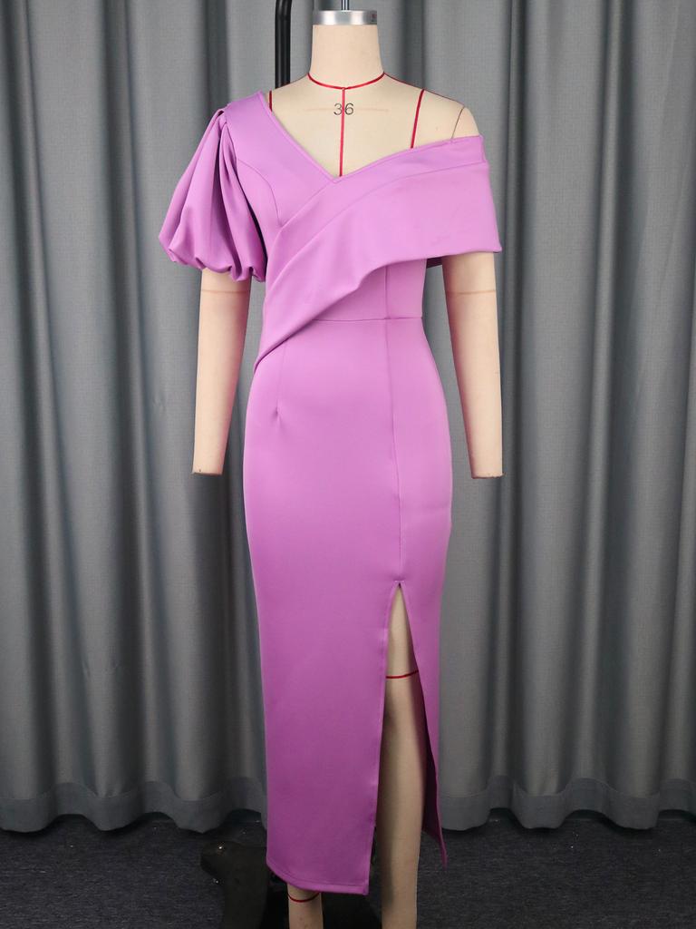 AOMEI Dark Red Formal Dresses Evening Gown Elegant Women Cold Shoulder V Neck Puff Sleeve Slit Irregular Long Vestidos Classy Celebrate Outfit