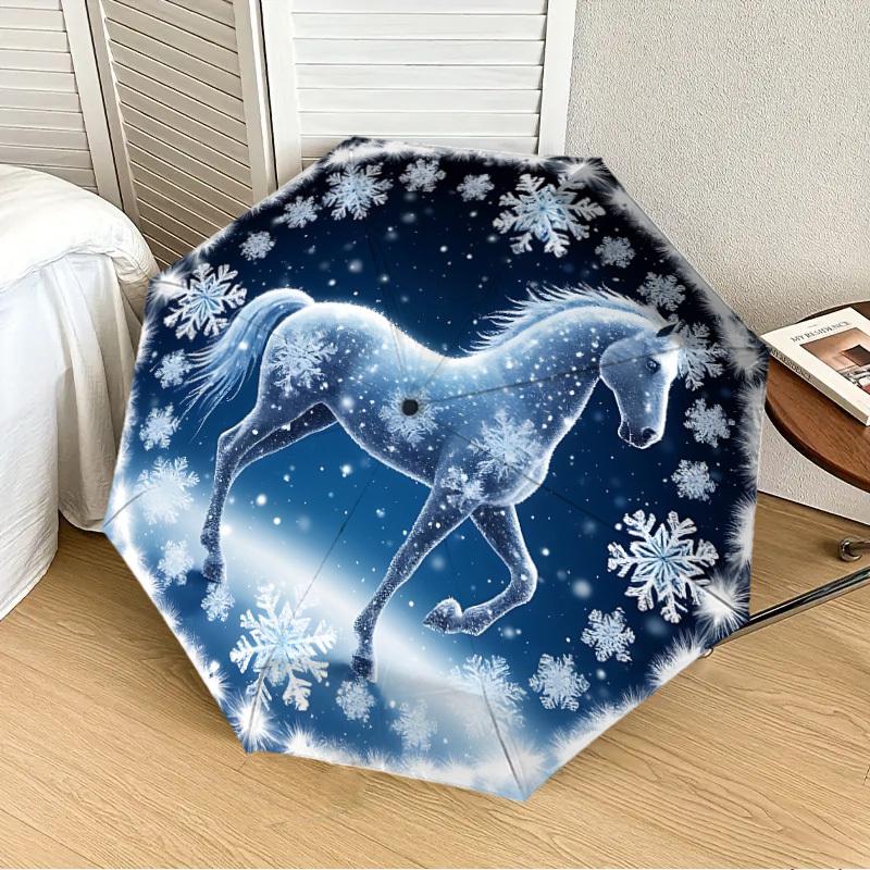

1PC Winter Horse Snowflake Automatic 8-Bone Folding Umbrella - Durable Polyester & Iron Frame,Userfriendly Operation y250929131