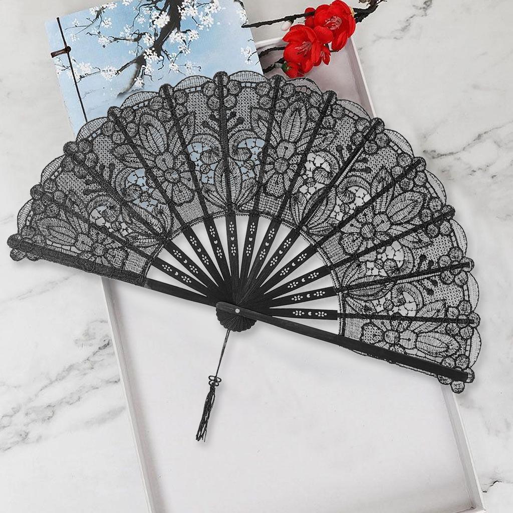 Ladies Lace Hand Fan Black Folding Fan Victorian Hand Fan for Wedding Party Favor Gift Dance Fan Ornament Halloween Party Supply