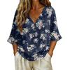 Women V Neck Vintage Floral Print Loose Fit Short Sleeve Blouse Linen Blend Casual Top for Everyday Wear Summer Spring