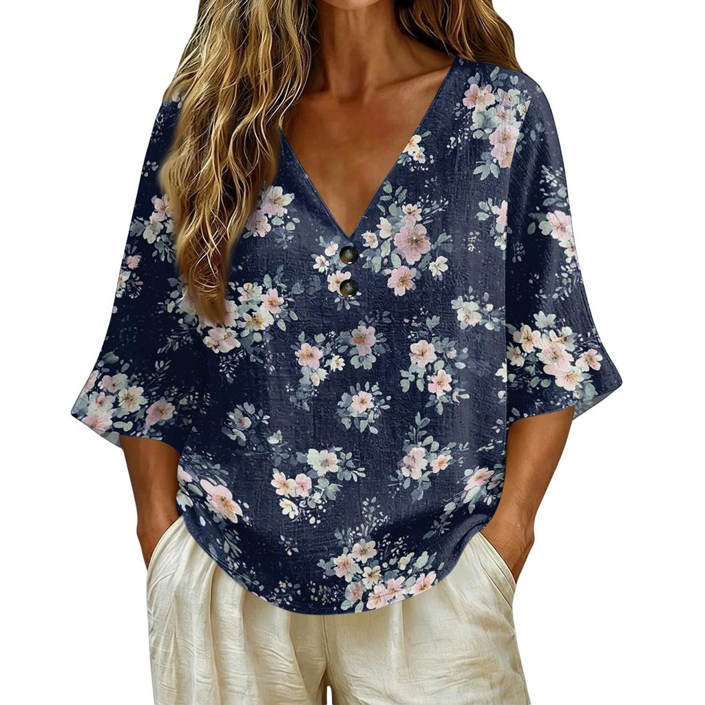 Women V Neck Vintage Floral Print Loose Fit Short Sleeve Blouse Linen Blend Casual Top for Everyday Wear Summer Spring