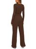 European & American Women's Solid Color Casual Sports Set: Long Sleeve Top & Wide-Leg Pants.