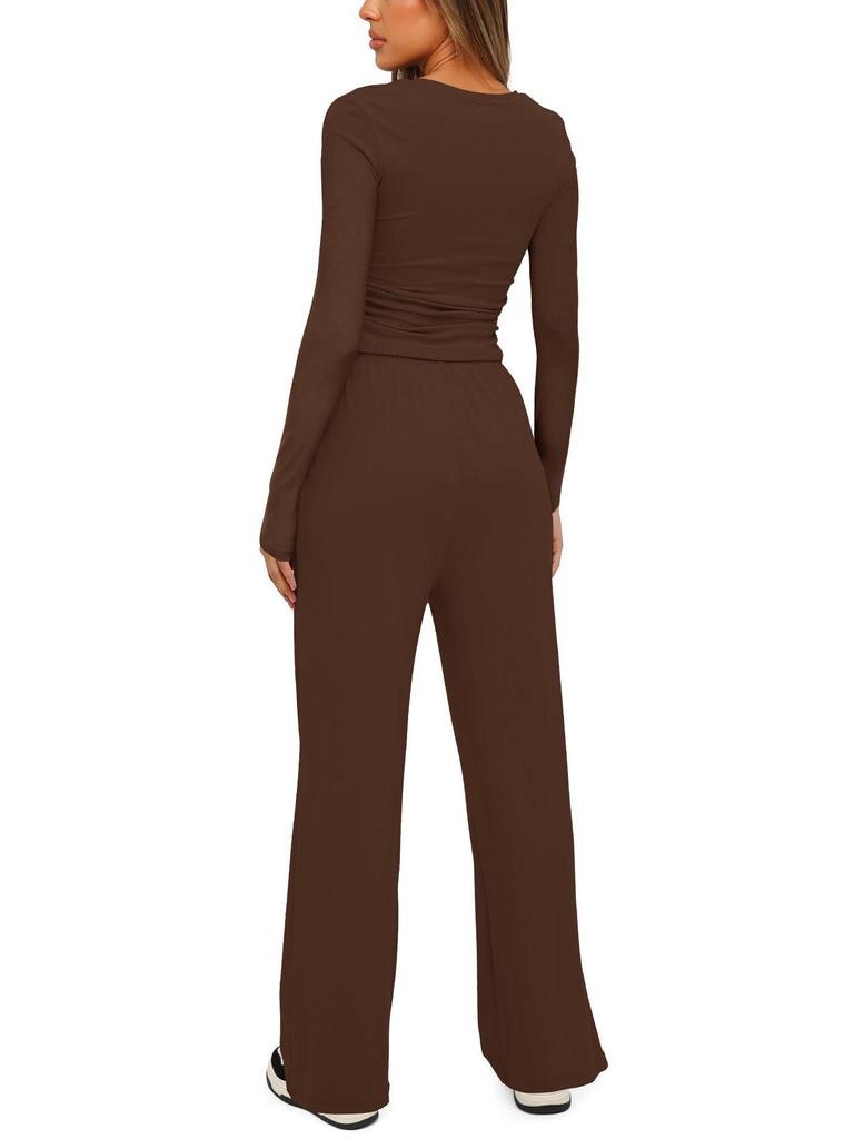 European & American Women's Solid Color Casual Sports Set: Long Sleeve Top & Wide-Leg Pants.