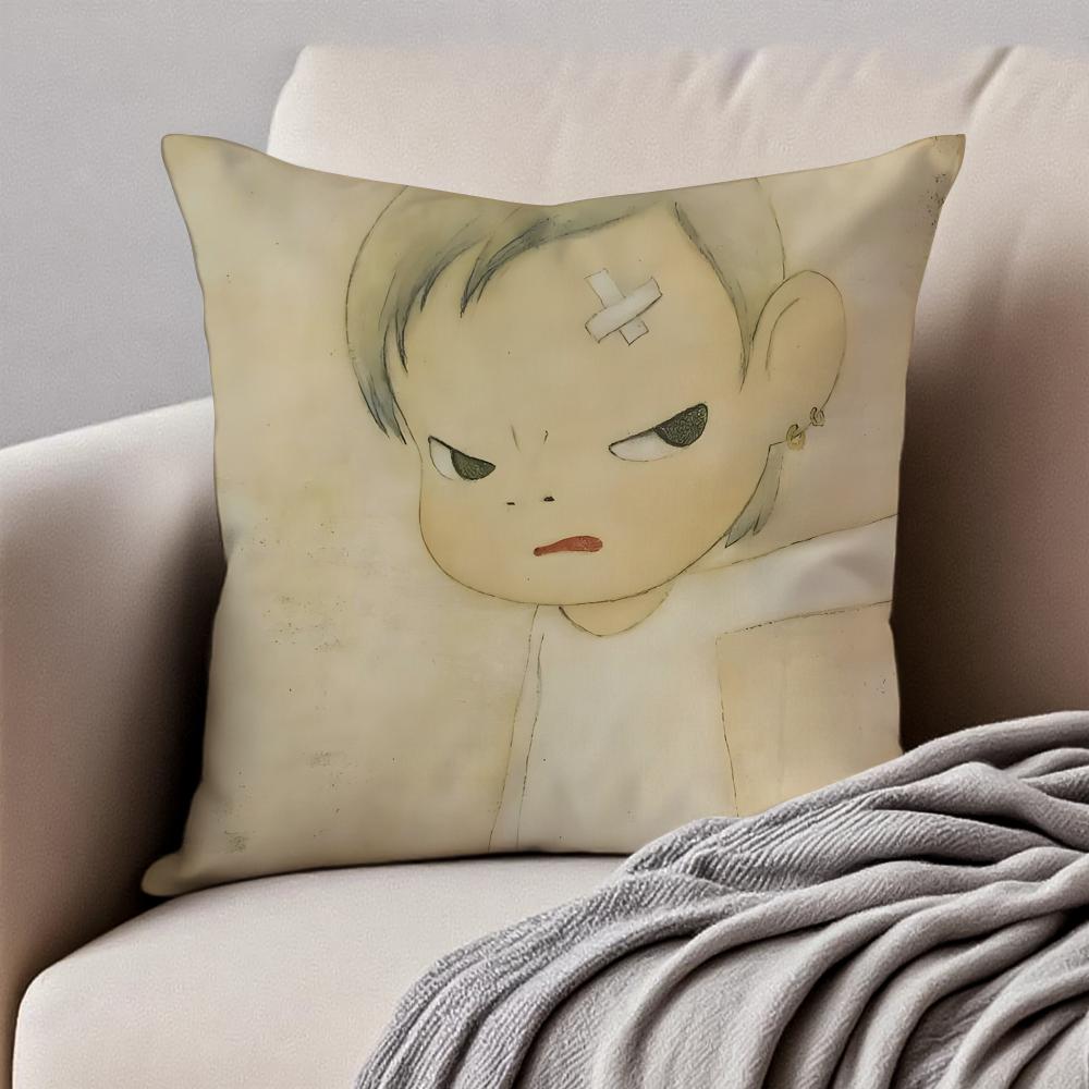 Whimsical Cute Japanese Art YYoshitomo Nara Cushion Cover Pillowcase Antidustmite Invisible Zipper Short Plush Sofa Cushion