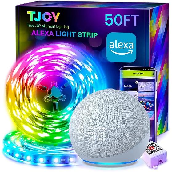 

TJOY 50 футов Умные светодиодные ленты для спальни, Светодиодная лента Alexa, 5050 RGB Изменяющая цвет Музыкальная синхронизация Светодиодная лента с приложением и пультом дистанционного управления, Многоцветная 50ft