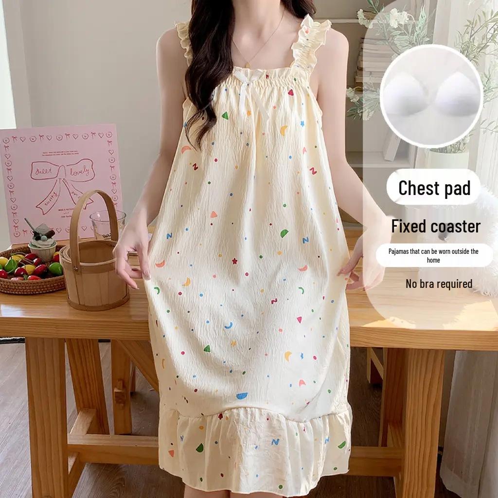 2026 Summer Women's Cartoon Padded Strappy Loose Nightgown Dress Pajamas - Sweet Outdoor Style