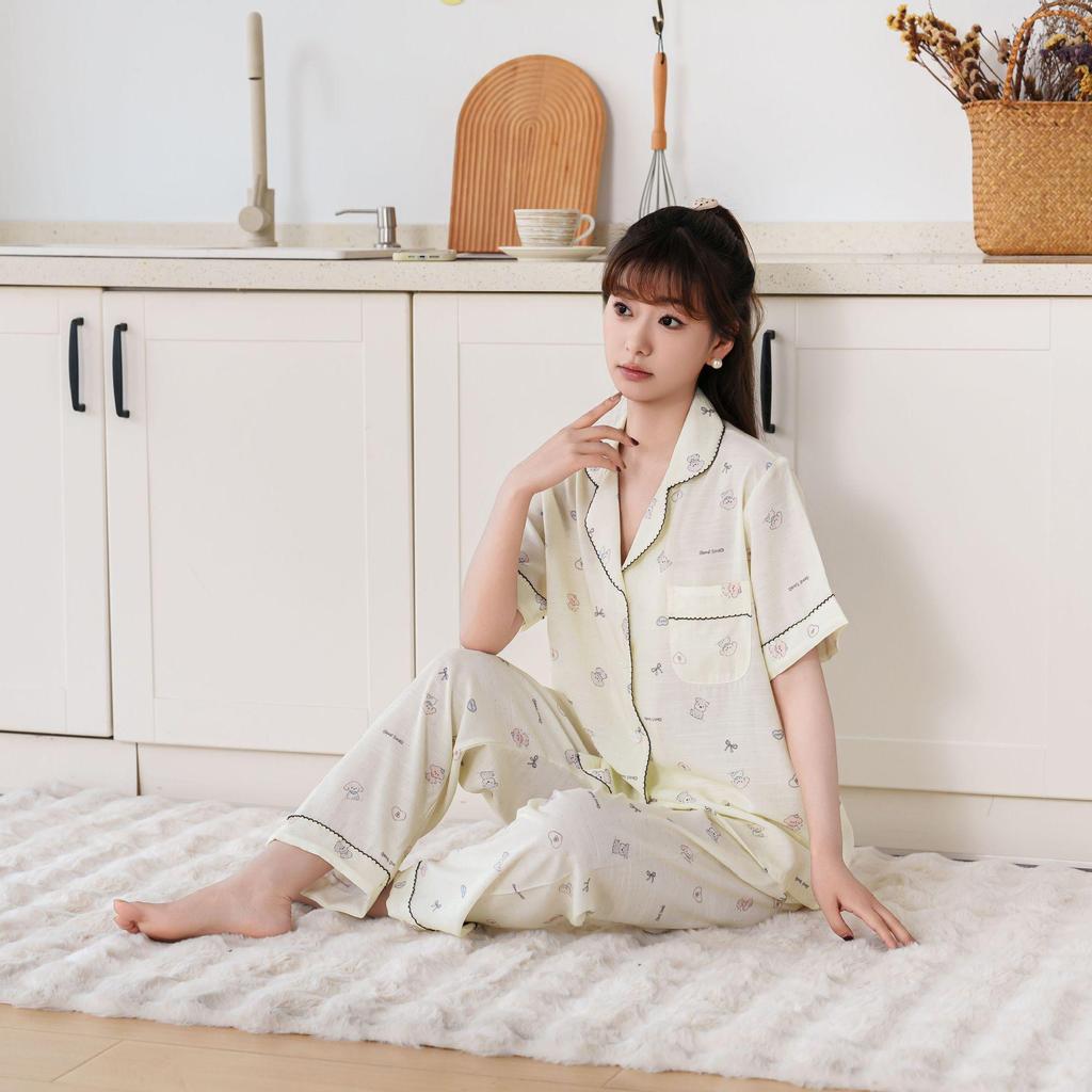 2026 Women's Luxury Double-Layer Cotton Linen Pajamas, Short Sleeve, Long Pants, Versatile for Home or Outdoor Wear, Sweet & High-End.
