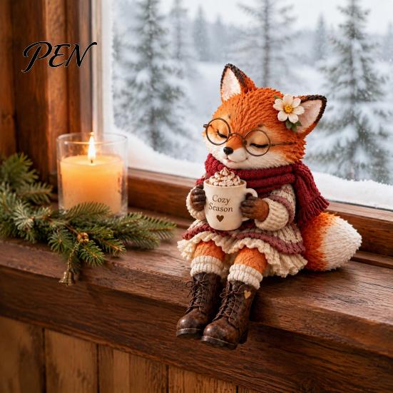 Layered Knit Texture Statues Christmas Animal Shelf Sitter Figurine, Woodland Statue with Mug, Dangling Leg Charming Seasonal Home Accessories Mantel