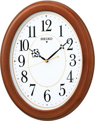 Clock KX390B Analog Wall Clock with Oval Wooden Frame and Brown Wood Base Radio-Controlled