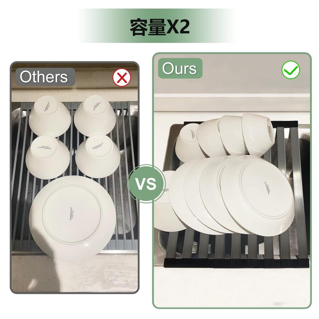 Mamakura Multifunctional Dish Drainer, 32-60cm, 48cm Thick, 304 Stainless Steel, Square Dish Drainer, Over-the-Sink Dish and Laundry Storage, Foldable