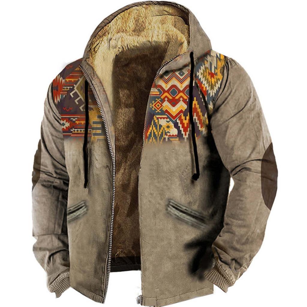 Winter Men's Vintage Lamb Wool Jacket Fashion Retro Print Hooded Zipper Fleece Lined Hoodie Outwears Warm Plush Bomber Jacket
