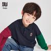 Duoduojia Boys' 2025 Spring Long Sleeve Polo Shirt with Vibrant Color Block & Pocket Bear
