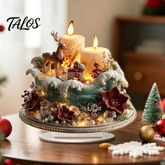 Retro Christmas House Centerpieces Acrylic Table Decoration, Double-sided Winter Snow Village/Candle/Teapot Ornament European Style Ornaments