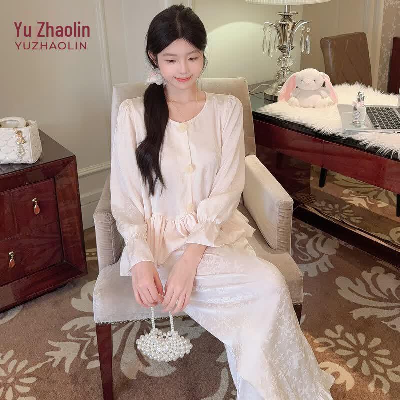 YUZHAOLIN Women s Light Luxury Lace Long-Sleeve Pajama Set M