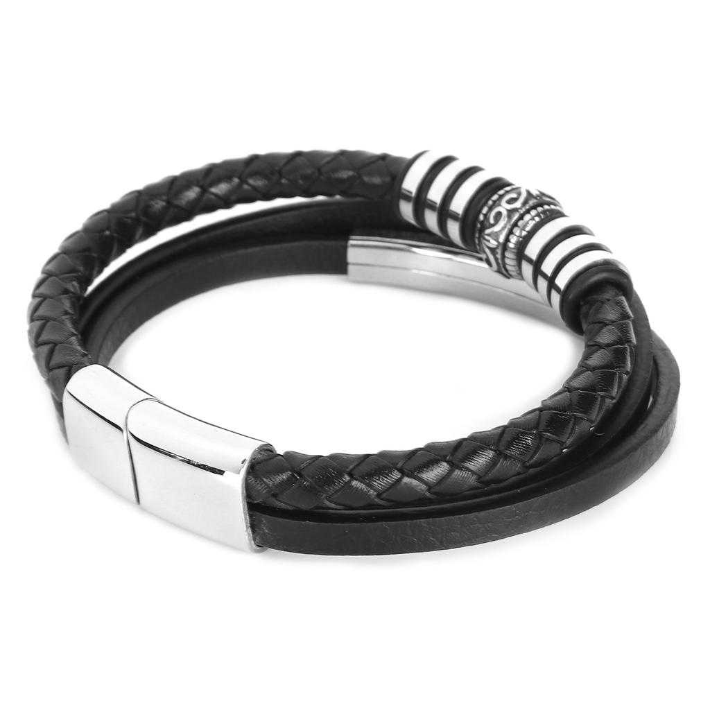Men"s PU Leather Black Stainless Steel Wrist Band Cuff Bangle Bracelet Magnetic Clasp