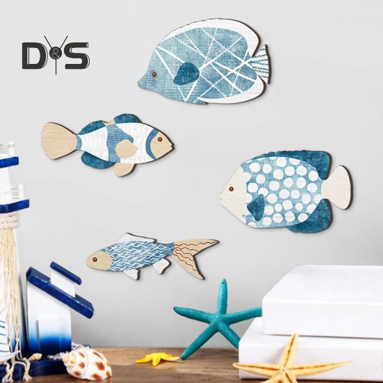 Lot de 4 décorations suspendues en forme de poisson, bords lisses, sans bavures, ornements décoratifs en bois