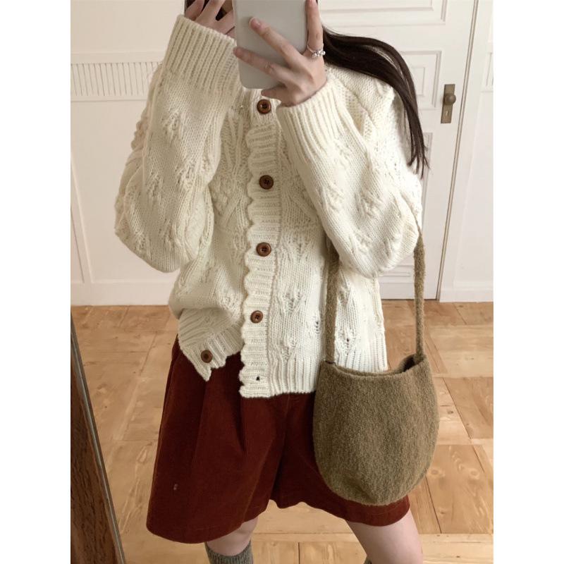 Korean Style Loose Lace Knit Cardigan for Women - Autumn/Winter Long Sleeve Sweater Top