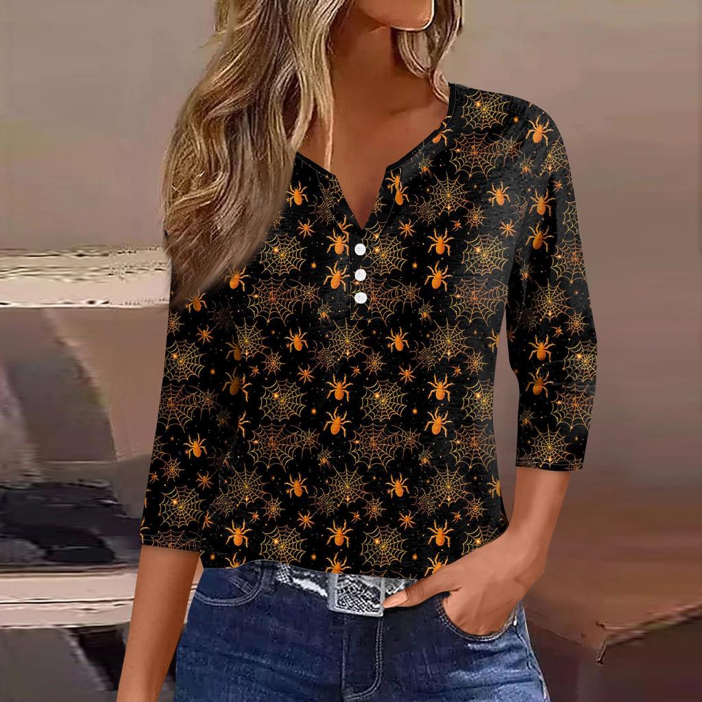Women's Fashion Casual Halloween Printed V.Neck Short Sleeve Decorative Button Three.quarter Sleeve T-shirt Tor