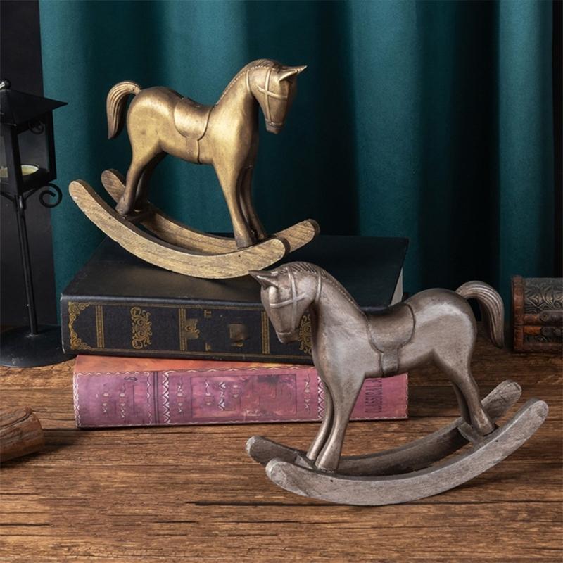 Handmade Wooden Rocking Horse Sculpture Classical Vintaged Home Accent Decorative Statue For Living Room Decoration