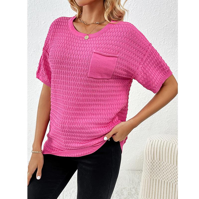 New Spring/Summer Women's Pullover Pocket Home Short Sleeve Solid Color Women's Knitwear