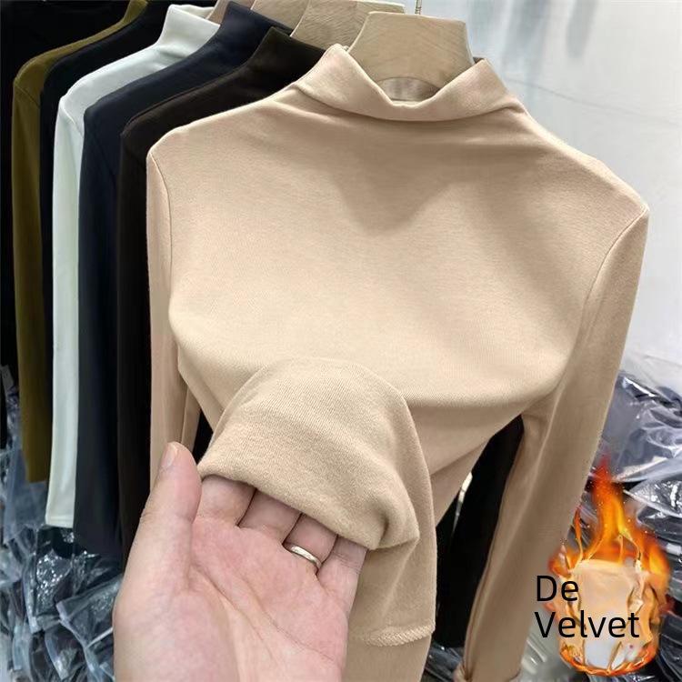 Dámská oboustranně sametově broušená košile s polovičním vysokým límcem, slim fit, hřejivá, s dlouhým rukávem - jednobarevná, podzim/zima.