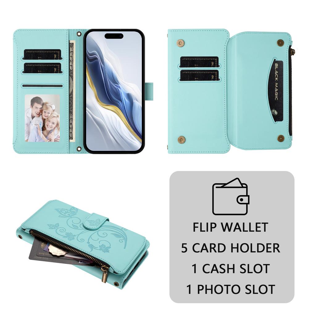 Dla iPhone 17 Pro Max Skórzane Etui Motyl Kwiatowy Wzór Portfel na Zamek Pokrowiec z Podstawką z Paskiem na Nadgarstek