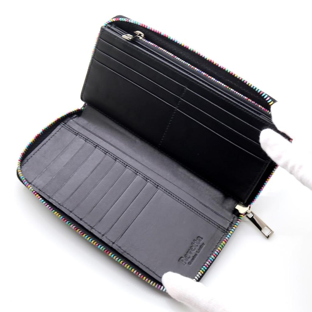 [Revetta] Stingray Leather Long Wallet, Black, Round Zipper, Genuine Leather, 21 Card Slots, Large Capacity, Caviar Finish [225stw]