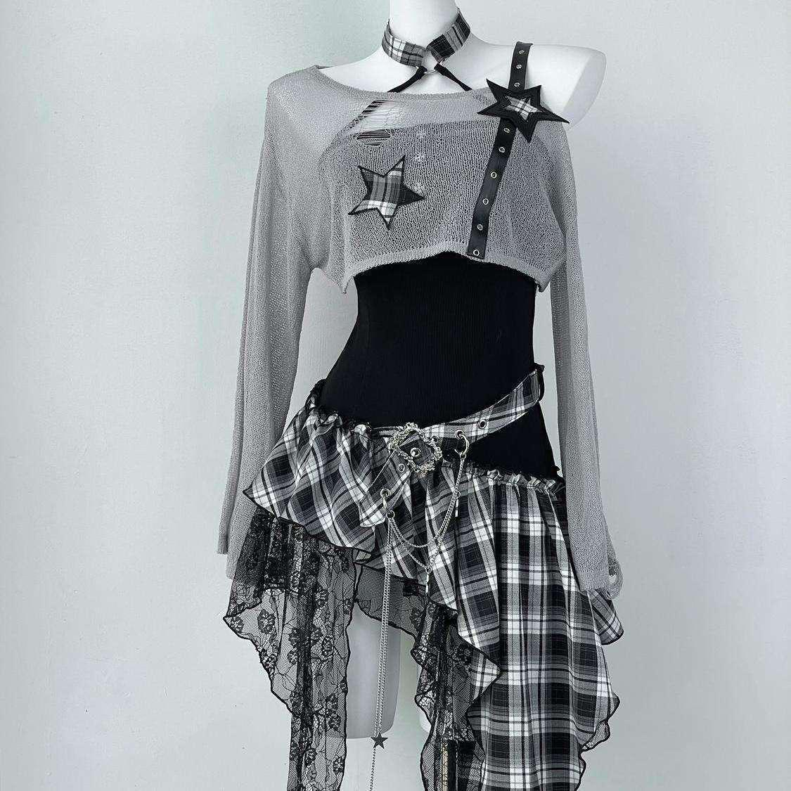 

Платье-сетка Y2K для миллениалов черного цвета: Сладкий и пикантный нишевый дизайн, приталенный, стройнящий костюм-двойка Small