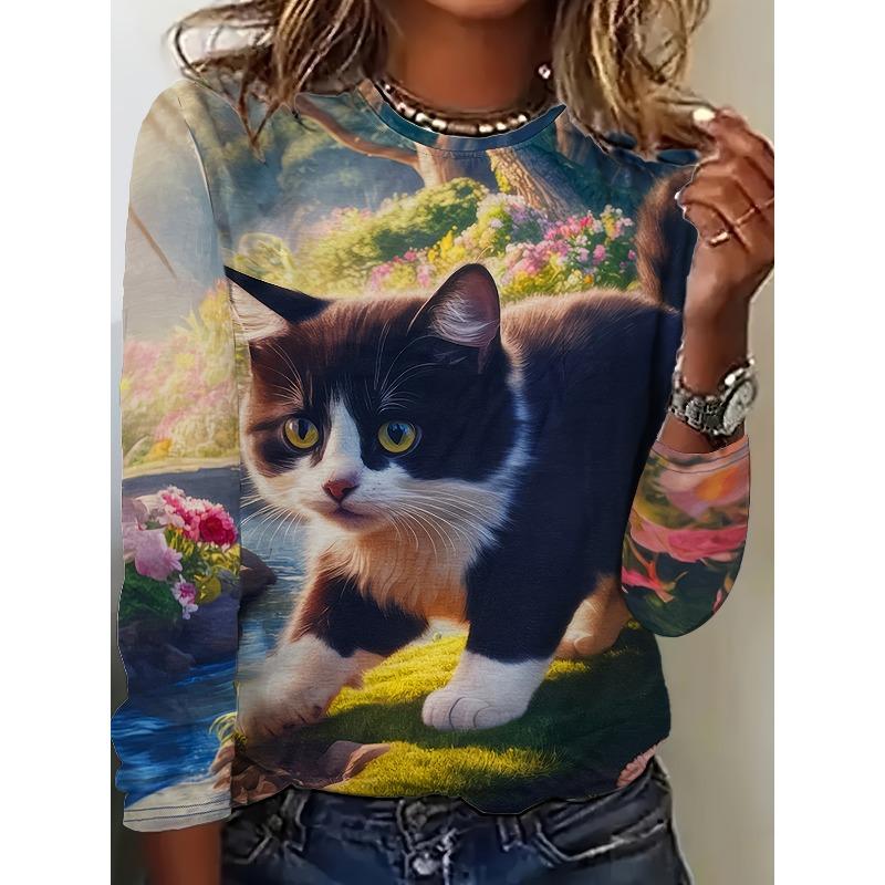 Round Neck 3D Cat Pattern T-shirts Casual Long Sleeved Women's T-shirts - Soft Medium Stretch Polyester Fabric Spring and Autumn Relaxed Fit Clothing