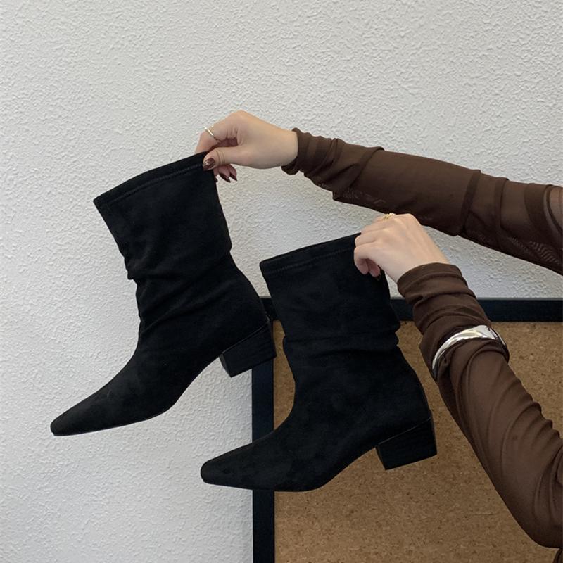 Vintage Pleated Woman Ankle Boots Autumn Winter Pointed Toe Slim Short Booties Fashion Square Heels Shoes