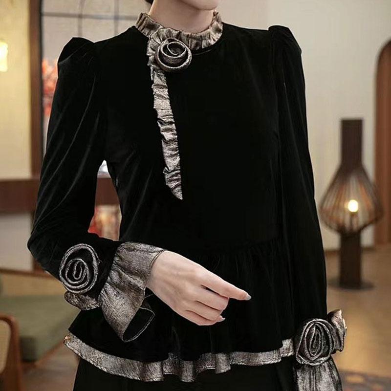 Stylish Elegant Stand Collar Shirt Spring Autumn Female Clothing Chic Floral Three-dimensional Decoration Casual Spliced Blouse
