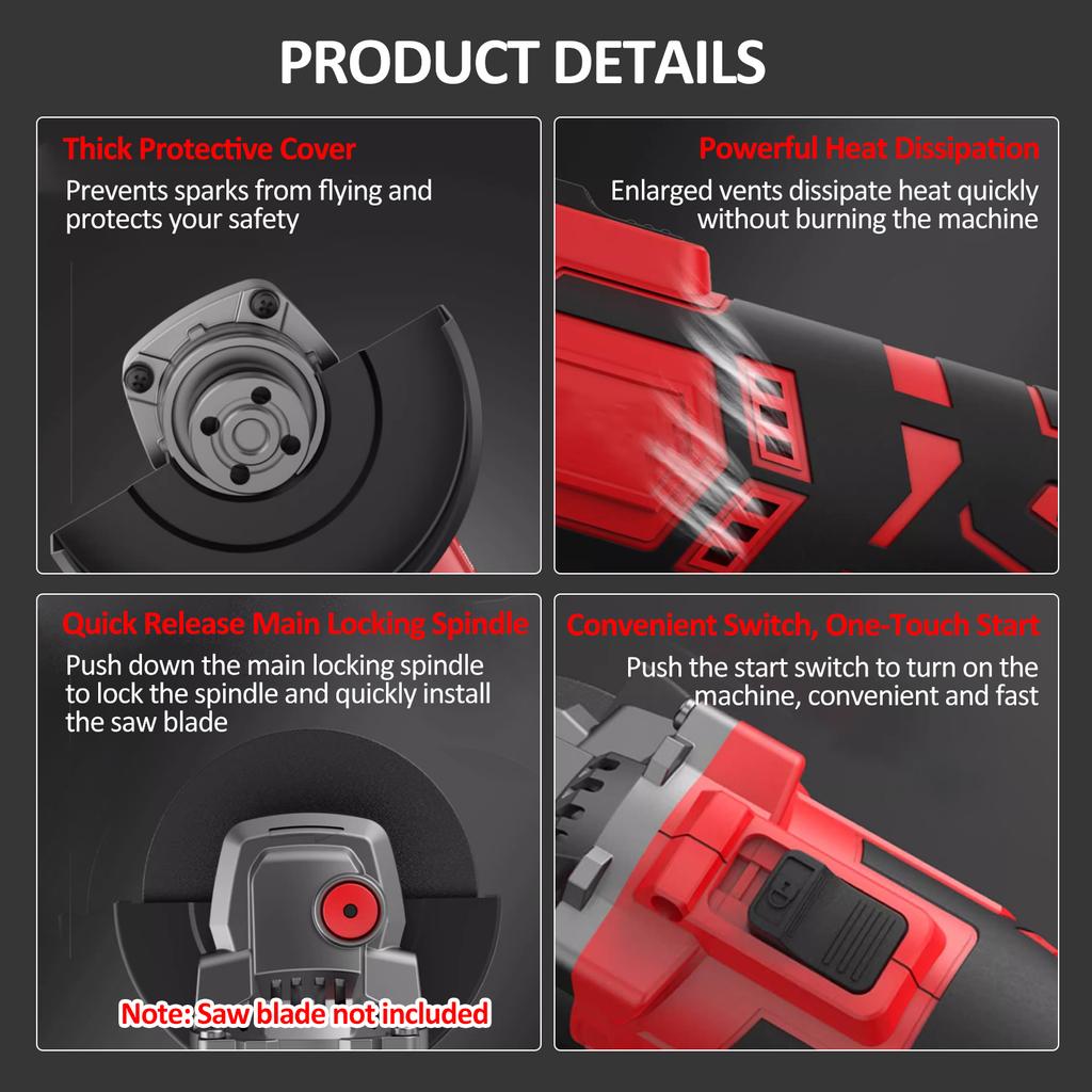 Cordless Angle Grinder 21V Power Angle Grinder Tools with 2PCS 4.0Ah Batteries and Charger