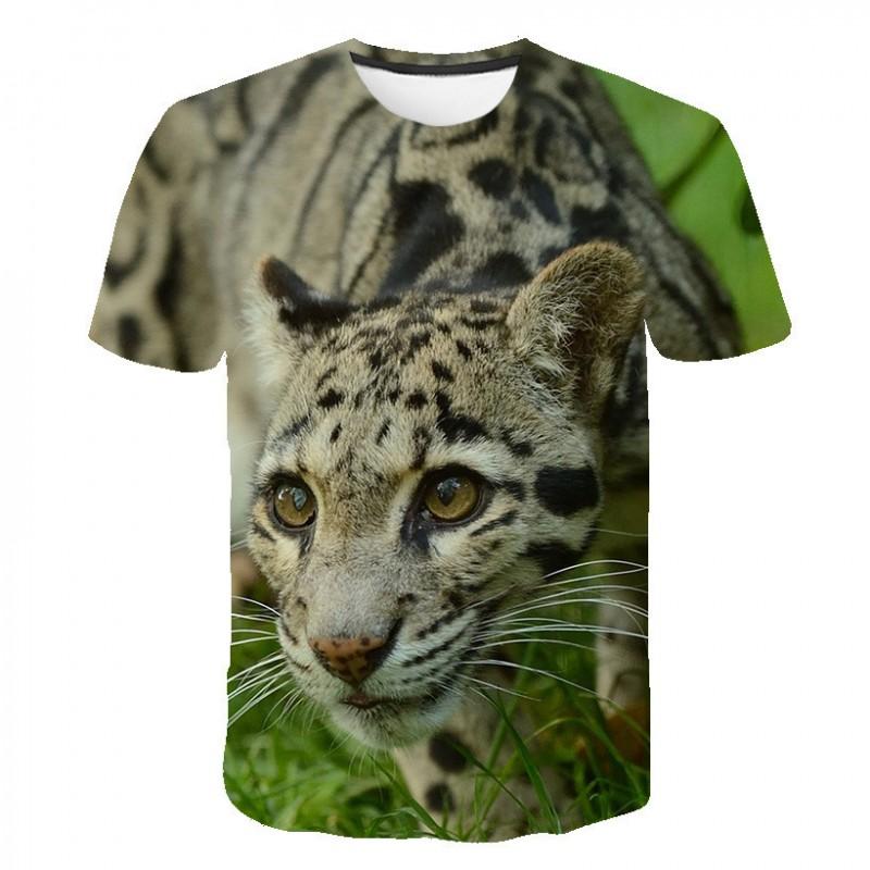 Mens Short Sleeve T-Shirt With 3D Leopard Head Print Loose Fit Cotton Blend Tee Casual Wear
