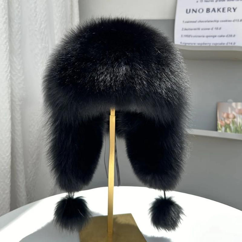 Women's ear-protecting fox fur hat fashion Luxurious real fox fur bomber hat Girls winter outdoor soft sheepskin leather hat
